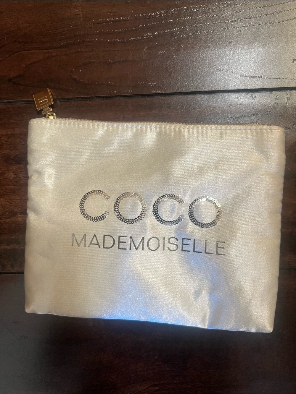 CHANEL Coco Mademoiselle Satin Pouch in Champagne with Gold Hardware